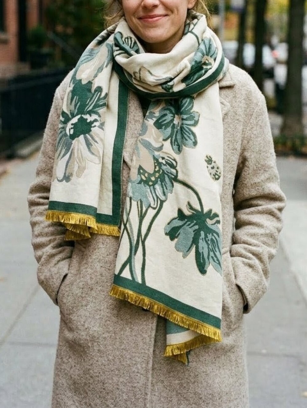 NEW Oversized Floral Ladybug Jacquard Scarf Shawl Wrap Fringe Green & Beige